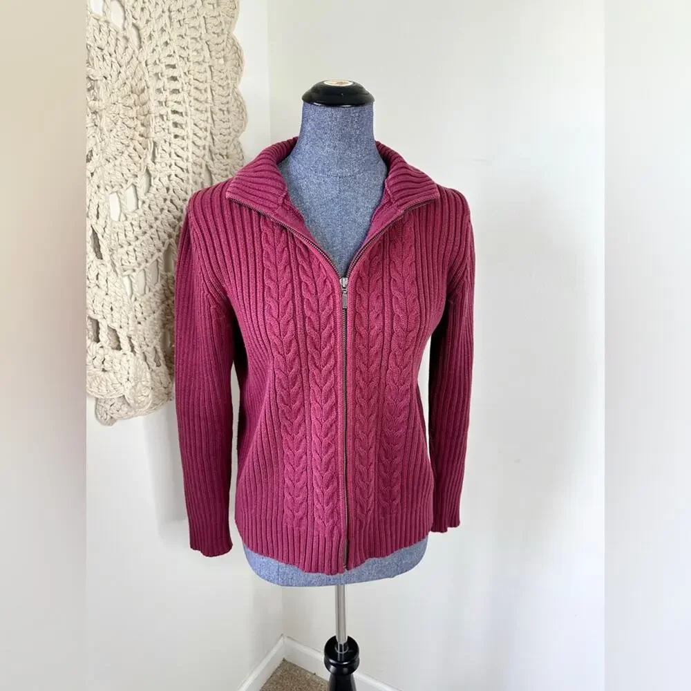 Lands' End Vintage 90s Women's Cable Knit Zip Front Cardigan Sweater Small